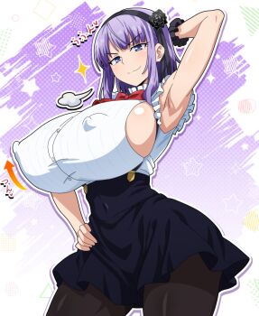 Rule 34 | 1girl, absurdres, alternate breast size (larger), arm behind head, armpits, black pantyhose, black skirt, blue eyes, breasts, closed mouth, covered erect nipples, covered navel, cowboy shot, dagashi kashi, gradient background, half-closed eyes, hand on own hip, highres, hitokiwa kenchin, huge breasts, looking at viewer, model pose, pantyhose, polka dot, polka dot background, purple background, purple hair, seductive gaze, seductive smile, shidare hotaru, shirt, short hair, sideboob, skirt, sleeveless, smile, smug, standing, white shirt