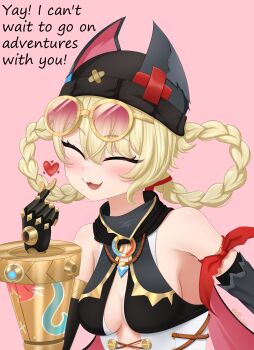 1girl :3 :d ^_^ absurdres bare_shoulders black_hat blonde_hair blush braid braided_hair_rings breasts closed_eyes commentary eyewear_on_head genshin_impact hair_rings hand_up hat heart highres jahoda_(genshin_impact) nights_viper open_mouth pink_background short_hair simple_background small_breasts smile solo sunglasses upper_body