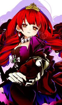 Rule 34 | 1girl, armor, armored dress, blush, breasts, chicken curry, cleavage, dress, drill hair, etrian odyssey, gauntlets, highres, medium breasts, offering hand, official alternate color, official alternate eye color, official alternate hair color, orange eyes, princess, purple dress, red hair, scepter, sekaiju no meikyuu, sekaiju no meikyuu 3, solo, sovereign (sekaiju), sovereign 4 (sekaiju), tiara