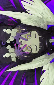 Rule 34 | 1girl, black hair, blue background, character name, commentary, dated, english commentary, gradient background, head wings, highres, hololive, hololive english, long hair, long sleeves, looking at viewer, multicolored eyes, mumukyabi, ninomae ina'nis, open mouth, pink background, purple eyes, rotated, smile, solo, tako takover (ninomae ina'nis), tentacle hair, thick eyebrows, two-tone eyes, upper body, very long hair, virtual youtuber, wings, yellow eyes