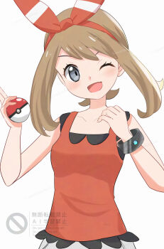 1girl ;d aoneko4ao_(edwf7745) bow_hairband bracelet brown_hair collarbone commentary_request eyelashes grey_eyes hairband hands_up happy highres holding holding_poke_ball jewelry looking_at_viewer may_(pokemon) medium_hair nintendo one_eye_closed open_mouth poke_ball poke_ball_(basic) pokemon pokemon_oras red_hairband red_shirt shirt sleeveless sleeveless_shirt smile solo watermark white_background