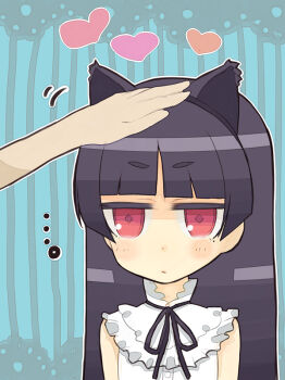 ... 1girl animal_ears black_hair blunt_bangs cat_ears completely_unamused gokou_ruri gothic_lolita hairband hand_on_another&#039;s_head head_pat headpat heart hime_cut lolita_fashion long_hair mole mole_under_eye ore_no_imouto_ga_konna_ni_kawaii_wake_ga_nai red_eyes solo_focus tank_(artist) unamused
