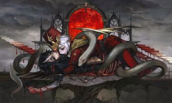 0212tu 2boys architecture bat_(animal) black_hair black_shirt blood blood_from_mouth blood_on_face boy_on_top closed_eyes cross crucifix demon_wings eyeball gold_trim gothic_architecture hand_in_another&#039;s_hair hat highres holding hollow_eyes identity_v injury jacket male_focus multicolored_hair multiple_boys pale_skin pants red_hat red_jacket red_pants shirt short_hair smile snake stairs surreal thorns two-tone_hair victor_grantz victor_grantz_(herald) victor_grantz_(the_embrace) white_hair white_streaks wings