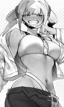 1girl absurdres bandeau blush breasts canari_(pokemon) greyscale grin highres jacket looking_at_viewer mask mask_pull medium_breasts monochrome mouth_mask multicolored_hair navel nintendo niwarhythm open_clothes open_jacket pants pokemon pokemon_legends:_z-a polka_dot polka_dot_background smile solo teeth twintails two-tone_pants
