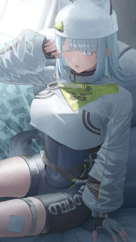 1girl ;o absurdres arknights arknights:_endfield bandaid bandaid_on_cheek bandaid_on_face black_gloves breasts clothes_writing commentary_request endfield_industries_logo estella_(arknights) film_grain fingerless_gloves fingernails gauze gauze_on_leg gauze_on_thigh gloves grey_eyes grey_gloves grey_hair grey_tail hakone_(okome_0141_jp) hat highres light_blush looking_at_viewer medium_breasts one_eye_closed open_mouth partial_commentary short_hair sleeves_past_wrists solo tail tearing_up teeth thigh_strap upper_teeth_only white_hat yawning