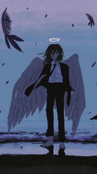 Rule 34 | 1boy, angel devil (chainsaw man), angel wings, no arms, barefoot, beach, black jacket, black necktie, black pants, blue sky, blue theme, chainsaw man, collared shirt, dark, feathers, floating hair, formal clothes, halo, highres, jacket, long hair, muted color, necktie, no arms, pants, sakutaro (39ar 39ca), shirt, sky, solo, suit, white shirt, white wings, wings