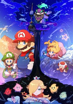 2girls 5boys blonde_hair blue_dress blue_eyes blue_overalls bowser bowser_jr. brown_hair closed_mouth commentary crown dress facial_hair green_hat green_shirt hair_over_one_eye hanaon hat highres holding holding_mini_person holding_paintbrush holding_wand ink long_hair luigi luma_(mario) mario mario_(series) mask mini_person mouth_mask multiple_boys multiple_girls mustache nintendo off-shoulder_dress off_shoulder open_mouth overalls paintbrush pink_dress red_hat red_luma red_shirt red_toad_(mario) rosalina shirt short_hair symbol-only_commentary the_super_mario_galaxy_movie toad_(mario) wand