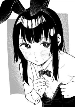 1girl animal_ears bare_shoulders blush fake_animal_ears grey_background greyscale looking_at_viewer monochrome muchi_maro playboy_bunny rabbit_ears seitokai_ni_mo_ana_wa_aru! solo terui_arisu two-tone_background