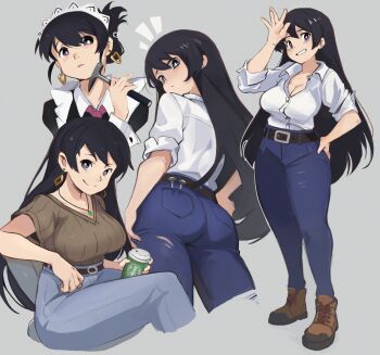 1girl alternate_costume apron arato_nagi arm_up ass belt black_belt black_hair black_shirt blue_pants boots breasts brown_boots brown_shirt cleavage closed_mouth collar commentary cup denim disposable_coffee_cup disposable_cup ear_piercing earrings eccomicco english_commentary from_behind grey_background grin hair_between_eyes hair_up hammer hand_on_own_thigh heart heart_earrings highres holding holding_cup holding_hammer jeans jewelry large_breasts light_frown long_hair long_sleeves looking_back maid maid_apron maid_headdress multiple_views necklace necktie notice_lines object_in_pocket official_alternate_costume open_mouth pants parted_lips partially_unbuttoned piercing pocket purple_eyes red_necktie ruri_no_houseki shirt short_sleeves simple_background sitting sleeves_rolled_up smile split_mouth standing starbucks swept_bangs turning_head white_collar white_shirt white_wrist_cuffs wrist_cuffs