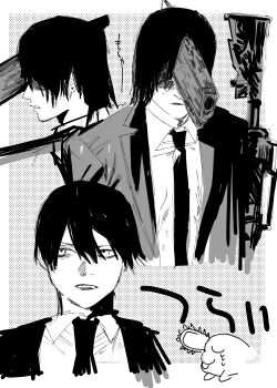 1boy chainsaw_man collared_shirt formal_clothes gun gun_fiend_(chainsaw_man) hair_down hayakawa_aki highres jacket male_focus medium_hair mitsuru_time necktie pochita_(chainsaw_man) rifle shirt suit suit_jacket topknot weapon