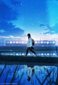 1girl backpack bag black_hair black_pantyhose black_skirt blue_sky blurry cloud coat depth_of_field gradient_sky grass highres landscape long_hair meteor mountainous_horizon nakamura_yukihiro night original overhead_line pantyhose reflection reflective_liquid rice_paddy rural scenery shoes sidelocks skirt sky solo star_(sky) train walking white_coat white_shoes