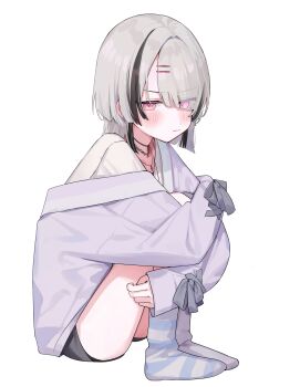 1girl absurdres asumi_sena asumi_sena_(5th_costume) asymmetrical_legwear black_hair black_shorts blush closed_mouth frown full_body grey_hair hair_ornament hanada_ten highres jacket jewelry long_sleeves looking_at_viewer multicolored_hair necklace pink_eyes purple_jacket purple_socks shirt short_hair shorts simple_background single_off_shoulder socks solo streaked_hair striped_clothes striped_socks virtual_youtuber vspo! white_background white_shirt wolf_cut