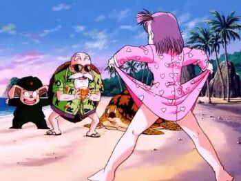 1990s_(style) 1girl 3boys animal animated animated_gif ass bald barefoot beach beard blood bulma clothes_lift cloud coconut_tree creature dimples_of_venus dragon_ball dragon_ball:_the_path_to_power dragon_ball_(classic) dragon_ball_(object) dress dress_lift facial_hair flashing flip-flops full_body green_hair hat hawaiian_shirt heart heart_print legs lifting_own_clothes looking_up lowres missing_tooth mountain multiple_boys mustache muten_roushi nightgown nightgown_lift no_panties nosebleed old old_man oolong open_mouth outdoors ova palm_tree pig pink_nightgown purple_hair retro_artstyle sandals shirt shoes shorts side_ponytail sky sneakers socks standing sunglasses surprised thighs tree turtle turtle_shell umigame_(dragon_ball)