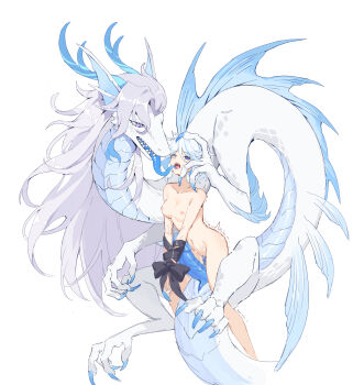 1boy 1girl absurdres animalization black_ribbon blue_claws blue_eyes blue_hair blue_tongue bound bound_wrists breasts claws collarbone colored_tongue commentary_request completely_nude dragon extra_penises furina_(genshin_impact) genshin_impact grey_hair heterochromia highres long_hair medium_breasts medium_hair multicolored_hair navel neuvillette_(genshin_impact) nipples nude open_mouth penis purple_eyes ribbon sex sharp_teeth simple_background teeth twitching vaginal white_background white_hair white_scales worlin4