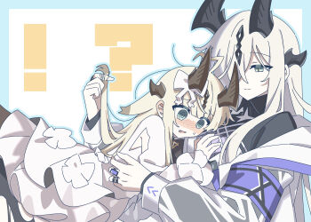 2girls @_@ age_difference aged_down arknights armband black_shirt black_tail blunt_bangs blush breasts dragon_girl dragon_horns dragon_tail dress grabbing_another's_hair hair_ribbon high_collar highres holding_another's_hair horns incest isikishoku_akn jacket jacket_partially_removed jewelry layered_dress long_hair long_sleeves looking_at_another medium_breasts multiple_girls multiple_horns multiple_rings necrass_(arknights) onee-loli open_clothes open_jacket purple_armband reed_(arknights) reed_(young)_(arknights) ribbon ring shirt siblings sisters size_difference sleeves_past_wrists tail thighhighs torn_clothes torn_thighhighs white_dress white_jacket white_ribbon yuri