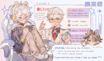 3boys :| animal_ear_headphones animal_ears animal_slippers black_shirt blue_eyes brown_eyes brown_hair can cat_ear_headphones cat_ears cat_slippers chair closed_mouth collared_shirt curled_up cursor curtained_hair drink drink_can english_text fake_animal_ears feet_up full_body gaming_chair glasses hair_slicked_back headphones headset highres holding holding_drink holding_phone hood hood_down hoodie lin_ling_(to_be_hero_x) livestream male_focus mullet multiple_boys nice_(to_be_hero_x) ok_sign phone shirt short_hair silly_marron sitting slippers snapping_fingers striped_clothes swivel_chair tinted_eyewear to_be_hero to_be_hero_x two-tone_hoodie virtual_youtuber volume_symbol white_hair white_hoodie window_(computing) x_(symbol) x_(to_be_hero_x) yellow-tinted_eyewear