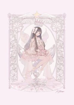 1girl black_hair blunt_bangs border bow cardcaptor_sakura commentary crown daidouji_tomoyo dress english_commentary frilled_dress frills full_body hair_bow holding holding_stuffed_toy long_hair looking_at_viewer ornate_border ririfa sidelocks signature sitting solo star_(symbol) stuffed_animal stuffed_toy teddy_bear