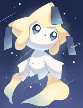 Rule 34 | 1other, :o, artist name, blue eyes, bright pupils, colored skin, commentary request, facial mark, floating, gen 3 pokemon, iwasi 29, jirachi, legendary pokemon, mythical pokemon, night, nintendo, open mouth, other focus, pokemon, pokemon (creature), sky, star (sky), star (symbol), tanzaku, twitter username, white skin