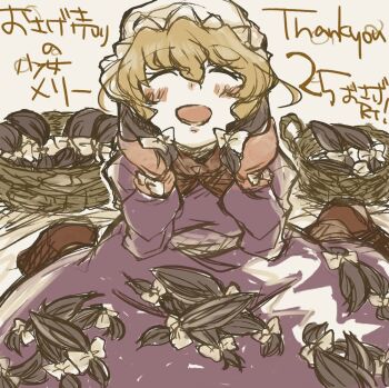 Rule 34 | 2girls, ^ ^, basket, black hair, blush, bow, bowtie, closed eyes, dress, hair bow, hat, long dress, long sleeves, maribel hearn, mob cap, multiple girls, open mouth, puffy long sleeves, puffy sleeves, purple dress, red bow, red bowtie, sanwa no jako (daikichi club), sash, short hair, short twintails, solo focus, touhou, translation request, twintails, usami renko, white bow, white hat, white sash