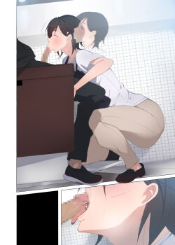1girl :>= absurdres agovitch ass black_eyes black_hair blush breath censored chair close-up fellatio from_side half-closed_eyes hataraku_onee-san-tachi:_mikonritsu_no_takai_machi_de_hataraku_tokoya_no_onee-san_ni_okuchi_de_shiborareru highres indoors legs mosaic_censoring motion_blur multiple_views oral original penis saliva sequential shoes short_hair sitting solo_focus squatting sweat thighs tongue tongue_out