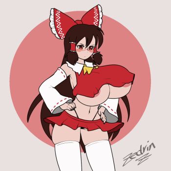 1girl adapted_costume animated animated_gif areola_slip black_panties blush bouncing_breasts bow breasts brown_hair closed_mouth cowboy_shot crop_top dancing detached_sleeves grey_background hair_bow hakurei_reimu hands_on_own_hips huge_breasts long_hair long_sleeves midriff navel nipple_slip nipples nontraditional_miko panties pleated_skirt red_background red_eyes red_skirt simple_background skirt solo standing thighhighs thong touhou underwear white_thighhighs zedrin