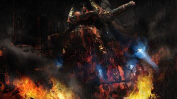 3d armored_core bad_id bad_pixiv_id building crossover fire fromsoftware mecha nineball nineball_seraph rain robot smoke touhou tumekitte