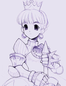 1girl archived_source armor atlus blunt_bangs braid bun_with_braided_base closed_mouth commentary_request counter cowboy_shot crown earrings expressionless eyelashes gauntlets gem gradriel hair_bun hatching_(texture) holding holding_sword holding_weapon jewelry linear_hatching monochrome pointed_crown princess princess_crown rerebrace ribbed_collar ribbed_sleeves rosanna_(mt3t-njr) sega simple_background sketch solo spiked_armor spiked_gauntlets spikes split_mouth sword turtleneck weapon white_background