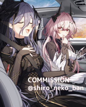2girls :d arknights beamed_sixteenth_notes black_dress black_horns black_veil breasts bridal_gauntlets car_interior closed_eyes commentary_request commission day demon_girl demon_horns dot_nose dress eighth_note frilled_sleeves frills hair_between_eyes hair_intakes hand_on_own_chest hand_on_own_chin head_wings horns impossible_clothes impossible_dress jewelry laqeramaline_(arknights) long_hair long_hair_between_eyes long_sleeves looking_at_another medium_breasts multiple_girls multiple_rings music musical_note open_mouth outdoors pink_hair pointy_ears red_eyes ring see-through_clothes see-through_veil shironekoban singing sitting smile sunroof theresa_(arknights) turtleneck turtleneck_dress twitter_username veil white_dress wings