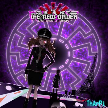 2girls absurdres alternate_costume artist_name black_sun blood bloody_weapon broken_sun_cross burgundy_(tno) copyright_name cosplay danganronpa_(series) efws3227 eiffel_tower enoshima_junko glowing glowing_eye hearts_of_iron heinrich_luitpold_himmler heinrich_luitpold_himmler_(cosplay) highres holding holding_knife ikusaba_mukuro knife miniskirt monocle monocle_chain monokuma multiple_girls nail_polish nazi one_eye_closed paris reichsadler skirt sun swastika the_new_order:_last_days_of_europe weapon