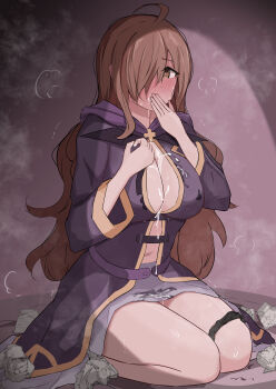 1girl absurdres after_fellatio after_paizuri after_rape arms_up bed black_panties blush breasts brown_eyes brown_hair closed_mouth covering_own_mouth cum cum_in_mouth cum_on_body cum_on_breasts cum_on_clothes cum_on_upper_body cumdrip embarrassed empty_eyes female_focus hair_over_one_eye hand_on_own_face hand_over_own_mouth highres hood hood_down hooded_robe kneeling kono_subarashii_sekai_ni_shukufuku_wo! large_breasts long_hair long_sleeves looking_at_viewer mind_break motion_lines on_bed open_clothes open_robe outstretched_hand panties panties_around_leg purple_hood purple_robe purple_skirt rape robe scared seiza shiwashiseika sitting skirt solo steam sweat tears trembling underwear used_tissue wavy_hair wide_sleeves wiz_(konosuba)