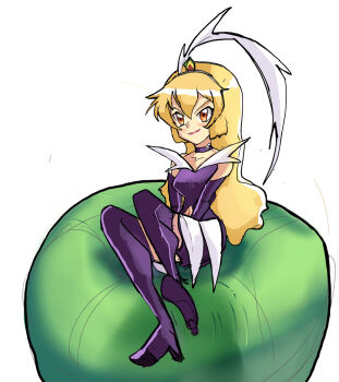 amano_misao_(pretty_sammy) blonde_hair drawing4justice dress feather_hair_ornament feathers flapper_girl hair_ornament highres jewelry lipstick magical_girl mahou_shoujo_pretty_sammy makeup midriff necklace orange_eyes pixy_misa purple_dress sitting sitting_on_object tenchi_muyou! villain_pose