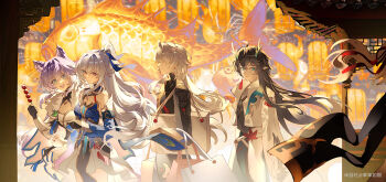 2girls 3boys absurdres animal_ears bag baiheng_(honkai:_star_rail) bare_shoulders black_hair blade_(honkai:_star_rail) blue_dress breasts chinese_clothes closed_mouth commentary_request cowboy_shot dan_feng_(honkai:_star_rail) dan_heng_(honkai:_star_rail) dan_heng_(imbibitor_lunae)_(honkai:_star_rail) detached_sleeves dragon_boy dragon_horns dress food fox_ears fox_girl green_eyes hair_between_eyes high-cloud_quintet_(honkai:_star_rail) highres holding holding_bag holding_food holding_skewer honkai:_star_rail honkai_(series) horns jing_yuan jingliu_(honkai:_star_rail) lantern long_hair long_sleeves looking_at_another looking_at_viewer medium_breasts multiple_boys multiple_girls open_mouth out_of_frame paper_lantern pointy_ears purple_hair red_eyes shen_shen_ruqi shopping_bag skewer smile tanghulu white_hair yingxing_(honkai:_star_rail)