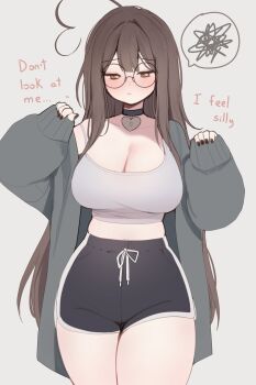 1girl ahoge black_choker black_shorts blush breasts brown_eyes brown_hair choker cleavage dolphin_shorts english_text glasses grey_background grey_jacket heart heart-shaped_lock heart_ahoge heart_choker heart_in_eye highres huge_ahoge indie_virtual_youtuber jacket large_breasts long_hair midriff shorts sky_above_me sky_above_me_(vtuber) solo spoken_squiggle squiggle symbol_in_eye tank_top white_tank_top