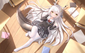 Rule 34 | 1girl, absurdres, antlers, black jacket, blush, brown eyes, chair, checkered clothes, checkered skirt, closed mouth, commentary request, desk, dragon girl, dragon tail, dragon wings, finger to mouth, flat chest, full body, highres, horns, jacket, knee up, large variant set, long hair, lying, notebook, on back, on floor, original, pantyhose, qian hen, school chair, school desk, school uniform, shirt, shushing, skirt, smile, solo, tail, toes, variant set, very long hair, white hair, white pantyhose, white shirt, wings