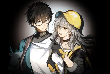 1boy 1girl absurdres black-framed_eyewear black_bag black_choker black_gloves black_hair black_jacket black_shirt blue_eyes blue_shirt breasts choker collarbone dan_heng_(honkai:_star_rail) dan_heng_(next_stop_yi_county)_(honkai:_star_rail) earclip earrings floating_hair glasses gloves grey_hair hair_between_eyes half-closed_eyes hands_up hat highres holding holding_stuffed_toy honkai:_star_rail honkai_(series) index_finger_raised jacket jewelry kaga_0u0 lapels long_hair long_sleeves looking_at_another medium_breasts official_alternate_costume open_clothes open_jacket open_mouth peaked_cap semi-rimless_eyewear shirt short_hair short_sleeves sidelocks single_earring smile stelle_(honkai:_star_rail) stuffed_animal stuffed_dragon stuffed_toy t-shirt teeth trailblazer_(honkai:_star_rail) turtleneck turtleneck_shirt two-tone_shirt upper_body wavy_hair white_shirt yellow_eyes yellow_hat
