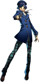 1girl blue_eyes blue_hair full_body gun handgun hat highres holding holding_gun holding_weapon newsboy_cap official_art oribe_hanako pants persona persona_4 persona_4:_the_ultimate_in_mayonaka_arena photoshop_(medium) reverse_trap revolver shirogane_naoto short_hair simple_background solo unmoving_pattern weapon