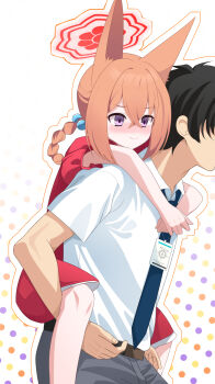 1boy 1girl black_hair blue_archive blue_necktie blush braid braided_hair_rings carrying china_dress chinese_clothes closed_mouth collared_shirt commentary_request cowboy_shot crossed_bangs dress eko feet_out_of_frame hair_between_eyes hair_bobbles hair_ornament hair_rings halo highres hug hug_from_behind id_card long_hair looking_ahead necktie nose_blush official_alternate_costume official_alternate_hairstyle orange_hair outline piggyback polka_dot polka_dot_background purple_eyes red_dress red_halo rumi_(blue_archive) rumi_(small)_(blue_archive) sensei_(blue_archive) shirt short_dress short_hair short_sleeves sidelocks simple_background smile white_background white_outline white_shirt