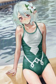 Rule 34 | 1girl, antenna hair, aqua hair, closed mouth, collarbone, commentary request, competition swimsuit, elf, flower, green one-piece swimsuit, hair between eyes, hair flower, hair ornament, highres, kokkoro (princess connect!), looking at viewer, niud, one-piece swimsuit, pointy ears, princess connect!, red eyes, short hair, sitting, solo, swimsuit, two-tone one-piece swimsuit, water