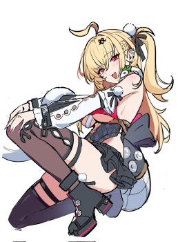 Rule 34 | 1girl, ahoge, ass, black boots, blonde hair, blush, boots, breasts, cissia (zenless zone zero), commentary, fangs, hair ornament, highres, long hair, on one knee, one side up, open mouth, pink background, pom pom (clothes), pom pom hair ornament, red eyes, signature, skirt, smile, snake, solo, tail, thighhighs, tupikeee, unfinished, white background, zenless zone zero