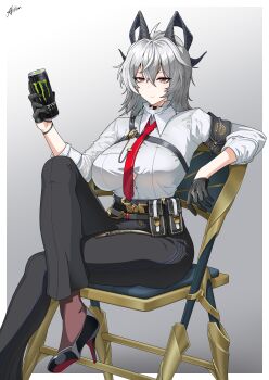 1girl a.fistulosum absurdres ahoge armband black_armband black_choker black_gloves black_horns black_pants black_shoes button_gap can chair chest_harness choker closed_mouth collared_shirt commentary curled_horns drink_can gloves gradient_background grey_hair hair_between_eyes harness high-waist_pants high_heels highres holding holding_can horns long_hair looking_at_viewer monster_energy on_chair pants red_eyes shirt shirt_tucked_in shoes signature sitting solo tight_clothes tight_pants white_shirt wuthering_waves zani_(wuthering_waves)