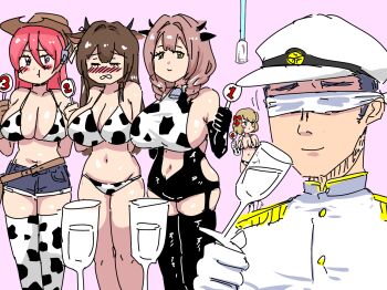1boy 4girls animal_print azur_lane bikini blindfold blush breasts brown_hair cleavage closed_mouth commander_(azur_lane) commentary_request covered_eyes cow_print cow_print_bikini cow_print_thighhighs cowboy_hat cowpens_(azur_lane) cup denim denim_shorts drill_hair drinking_glass hat huge_breasts kashino_(azur_lane) long_hair medium_hair military_uniform multiple_girls naval_uniform navel peaked_cap pink_background pout print_bikini print_thighhighs ranger_(azur_lane) red_hair shorts simple_background smile stomach swimsuit tabataba_no_ki taste_testing tearing_up thighhighs white_hat wine_glass z23_(azur_lane)