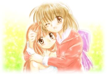 Rule 34 | 00s, 2girls, brown eyes, brown hair, chunpai, clannad, girl from the illusionary world, hug, ibuki fuuko, long hair, multiple girls, wink