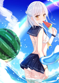 1girl bad_id bad_pixiv_id bare_back bareback bikini blue_sky blurry bracelet cloud cloudy_sky commentary_request depth_of_field eating food from_behind fruit half_updo highres holding holding_food in_water jewelry long_hair looking_at_viewer looking_back midriff ocean original pleated_skirt popsicle sailor_bikini sailor_collar scrunchie senri_(senri_sen) sidelocks skirt sky solo swimsuit wading water_drop watermelon watermelon_bar wet wet_clothes wet_swimsuit white_bikini white_hair wrist_scrunchie yellow_eyes