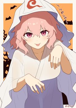 1girl :p absurdres alternate_costume bat_(animal) blush border breasts commentary_request ghost_costume halloween_costume highres japanese_clothes kapuri_(capuriwa) kimono long_hair long_sleeves looking_at_viewer pink_eyes pink_hair saigyouji_yuyuko smile solo tongue tongue_out touhou translation_request triangular_headpiece twitter_username white_border white_kimono wide_sleeves