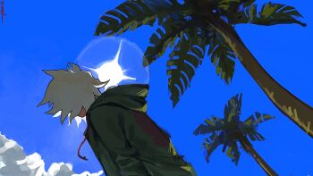 1boy arms_at_sides blue_sky cloud commentary_request covered_face danganronpa_(series) danganronpa_2:_goodbye_despair danganronpa_2x2 day dutch_angle from_side green_jacket hair_over_face hasyage highres hood hood_down hooded_jacket jacket komaeda_nagito long_sleeves male_focus outdoors palm_tree short_hair sky solo sun tree upper_body white_hair