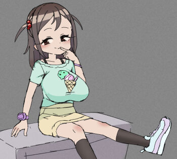 1girl absurdres black_socks blush bra_strap breasts brown_eyes brown_hair closed_mouth collarbone commentary_request finger_to_mouth green_shirt grey_background hair_between_eyes hair_bobbles hair_ornament highres large_breasts looking_at_viewer nijitama_shiyushiyu oppai_loli original shirt sitting skirt smile socks solo watch wristwatch yellow_skirt