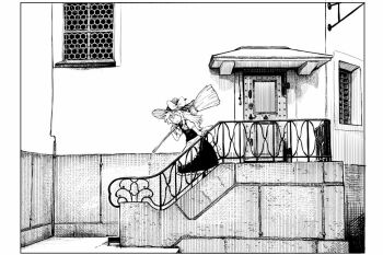 Rule 34 | 1girl, apron, black hat, black skirt, black vest, bow, braid, broom, building, city, commentary request, daitai konna kanji, door, female focus, greyscale, hat, hat bow, holding, holding broom, kirisame marisa, long hair, monochrome, outdoors, railing, shirt, short sleeves, skirt, solo, stairs, touhou, vest, waist apron, white shirt, wide shot, window, witch hat