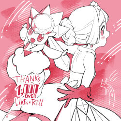 1girl alternate_hairstyle bare_arms blush_stickers braid cosplay diancie diantha_(pokemon) diantha_(pokemon)_(cosplay) diantha_(sygna_suit)_(pokemon) dress earrings eyelashes gen_6_pokemon gloves highres jewelry kinocopro legendary_pokemon lillie_(pokemon) looking_back milestone_celebration mythical_pokemon nintendo open_mouth outstretched_arms pink_background pink_eyes pink_gloves pokemon pokemon_(creature) pokemon_masters_ex pokemon_sm shoulder_blades spread_fingers thank_you