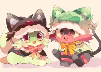 animal_focus blush cat clothed_pokemon colored_sclera commentary_request cosplay fangs gen_7_pokemon happy highres hood hoodie litten litten_(cosplay) lying nintendo open_mouth pink_eyes pokemon pokemon_(creature) pokemon_focus red_eyes ribbon robe shadow simple_background sitting smile sprigatito sprigatito_(cosplay) yellow_sclera yupo_0322