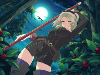 1girl belt belt_pouch berry bike_shorts bike_shorts_under_skirt bird black_hat black_jacket blush bo_staff boots breasts brown_belt brown_boots brown_hair buttons cloud double-breasted forest from_below full_moon game_asset glasses gloves gluteal_fold green_eyes hat hebijo_academy_school_uniform holding holding_polearm holding_weapon imu_(senran_kagura) infinity_symbol jacket large_breasts leaf long_sleeves looking_at_viewer medium_hair military_hat moon nature night official_art parted_bangs plant polearm pouch purple_thighhighs rimless_eyewear ruyi_jingu_bang school_uniform senran_kagura senran_kagura_new_link short_twintails sky solo star_(sky) starry_sky thigh_boots thighhighs tree twintails weapon white_gloves